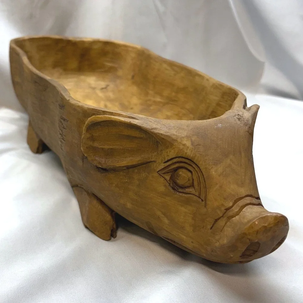 Unbranded Hand Carved Wood Pig Bowl Large Brown Excellent Rustic Farmhouse 16in